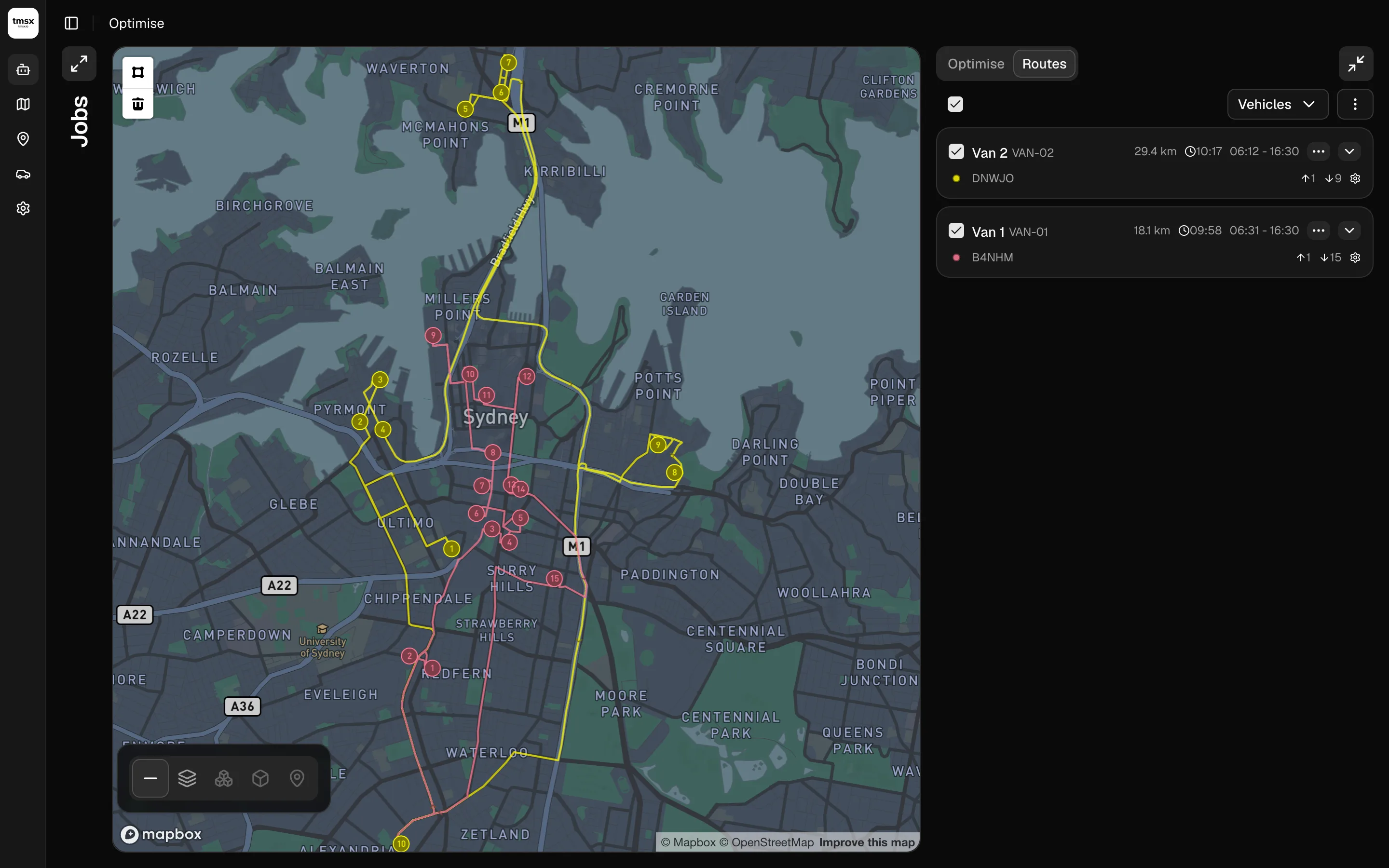 Optimised delivery routes on the TMS X map